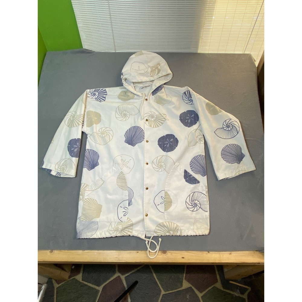 Michigan Rag Co Vintage Seashell Hooded Canvas Jacket White Blue Oversized S/M